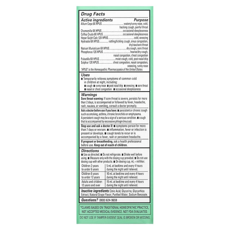 Hyland's Naturals, Kids, Cold &amp; Cough Nighttime, 2-12 Years, Natural Grape, 4 fl oz (118 ml)