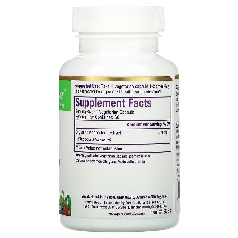 Paradise Herbs, Bacopa, 60 Vegetarian Capsules (250 mg per Capsule)