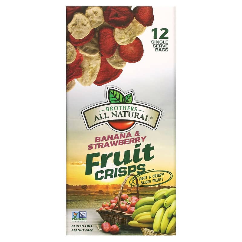 Brothers-All-Natural, Fruit Crisps, Banana &amp; Strawberries, 12 Single-Serve Bags, 0.42 oz (12 g) Each