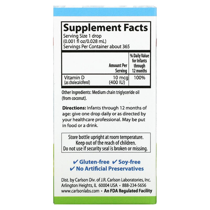 Carlson, Baby's Super Daily® D3, 10 mcg (400 IU), 0.35 fl oz (10.3 ml)