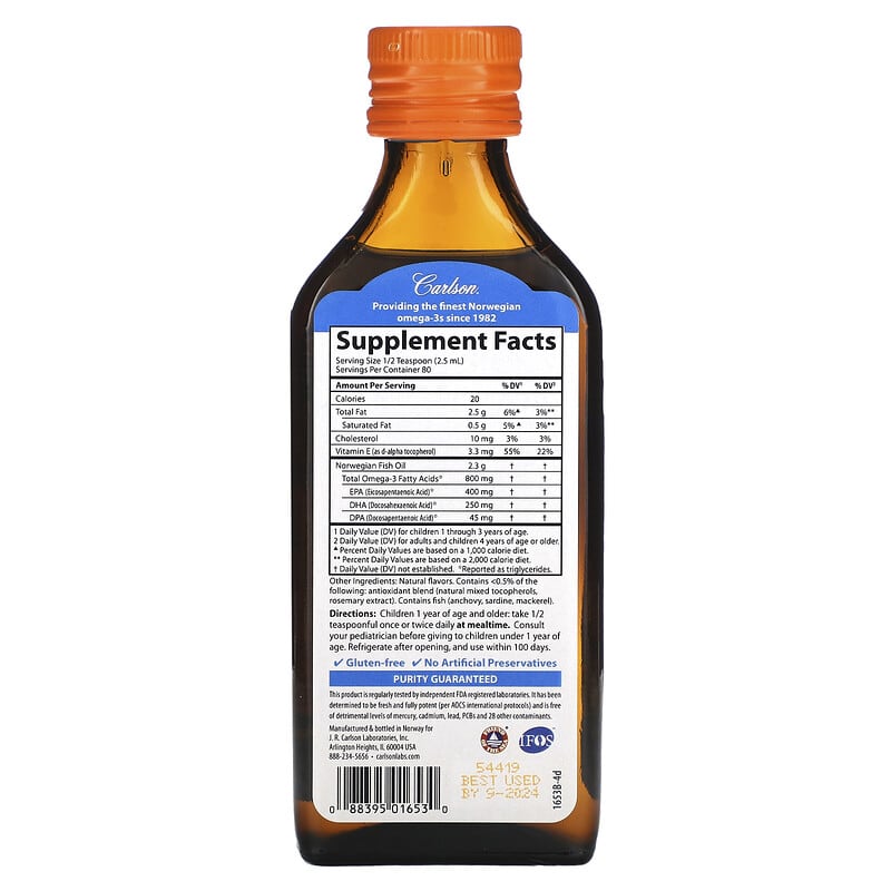 Carlson, Kid's, Norwegian, The Very Finest Fish Oil, Natural Orange, 6.7 fl oz (200 ml), (2,300 mg per Serving)