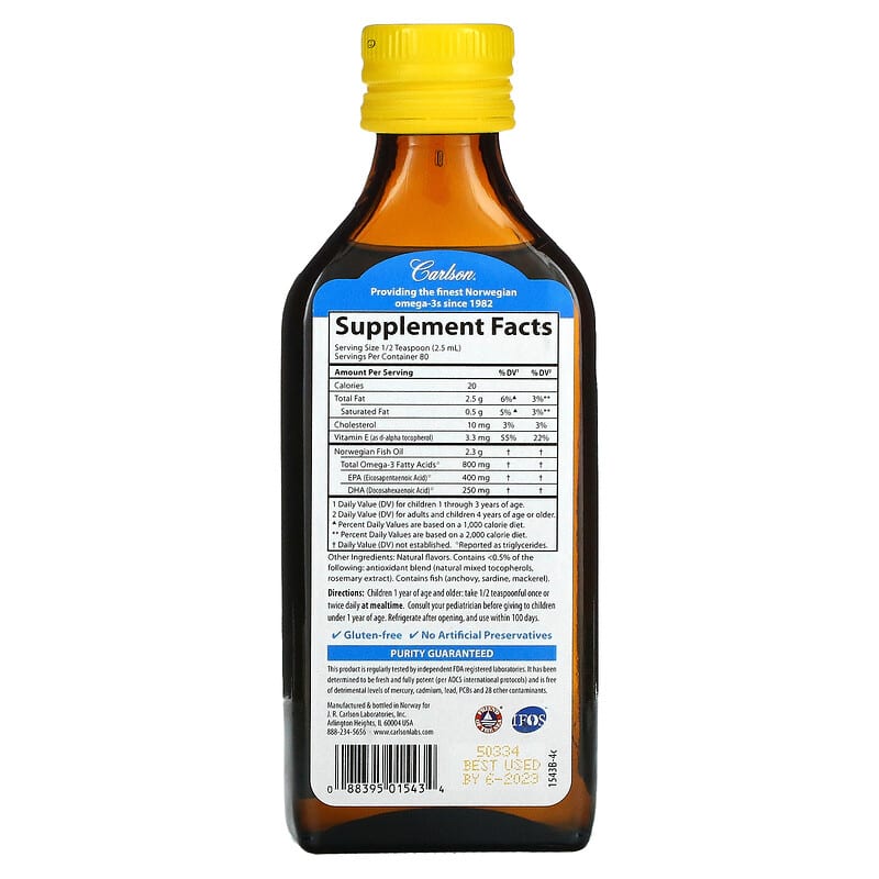 Carlson, Kid's, Norwegian, The Very Finest Fish Oil, Natural Lemon, 800 mg, 6.7 fl oz (200 ml)