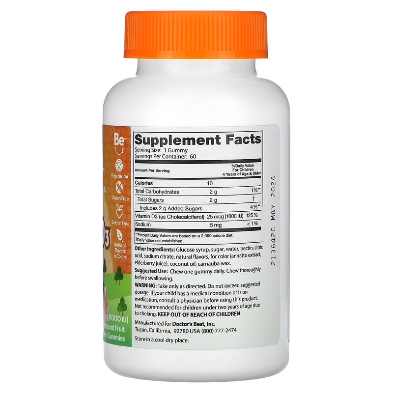 Doctor's Best, Doc's Kids, Vitamin D3 Kids Gummies, All Natural Fruit , 25 mcg (1,000 IU), 60 Natural Fruit Pectin Gummies