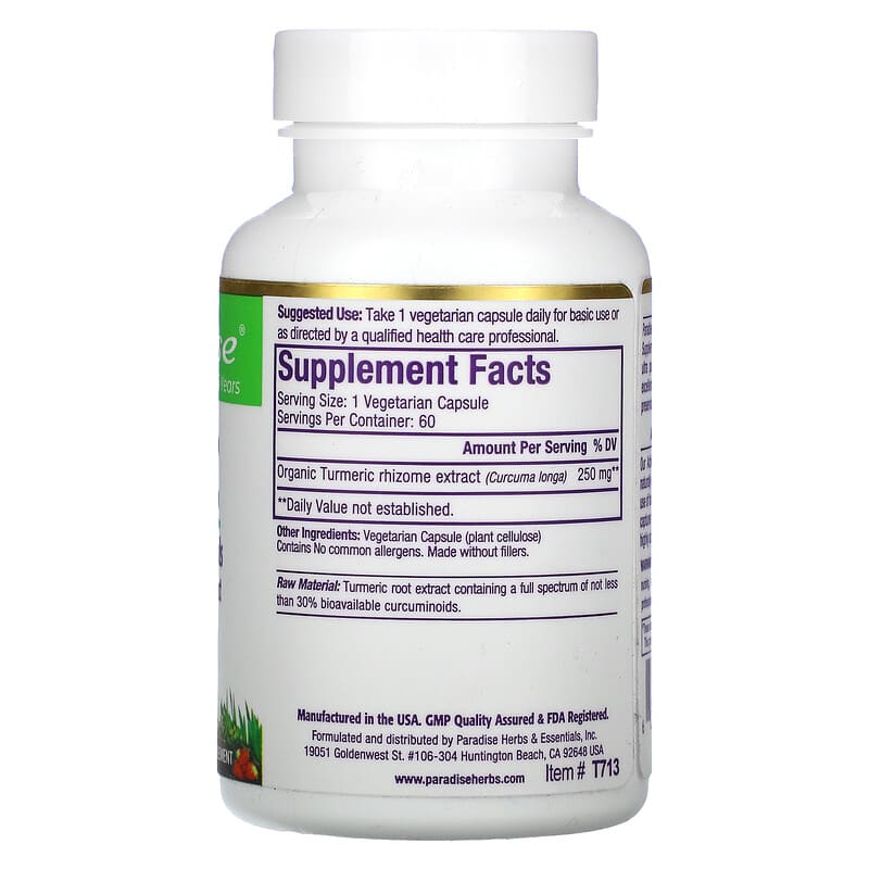 Paradise Herbs, Turmeric, 60 Vegetarian Capsules (250 mg per Capsule)