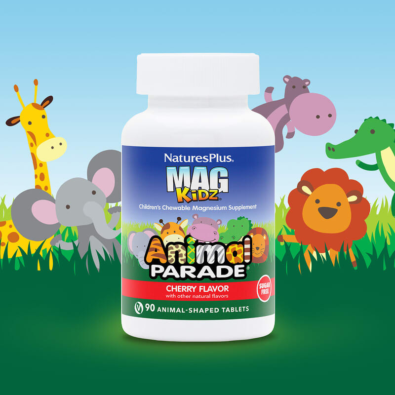 NaturesPlus, MagKidz, Animal Parade, Children's Chewable Magnesium, Cherry, 90 Animal-Shaped Tablets (50 mg per Tablet)