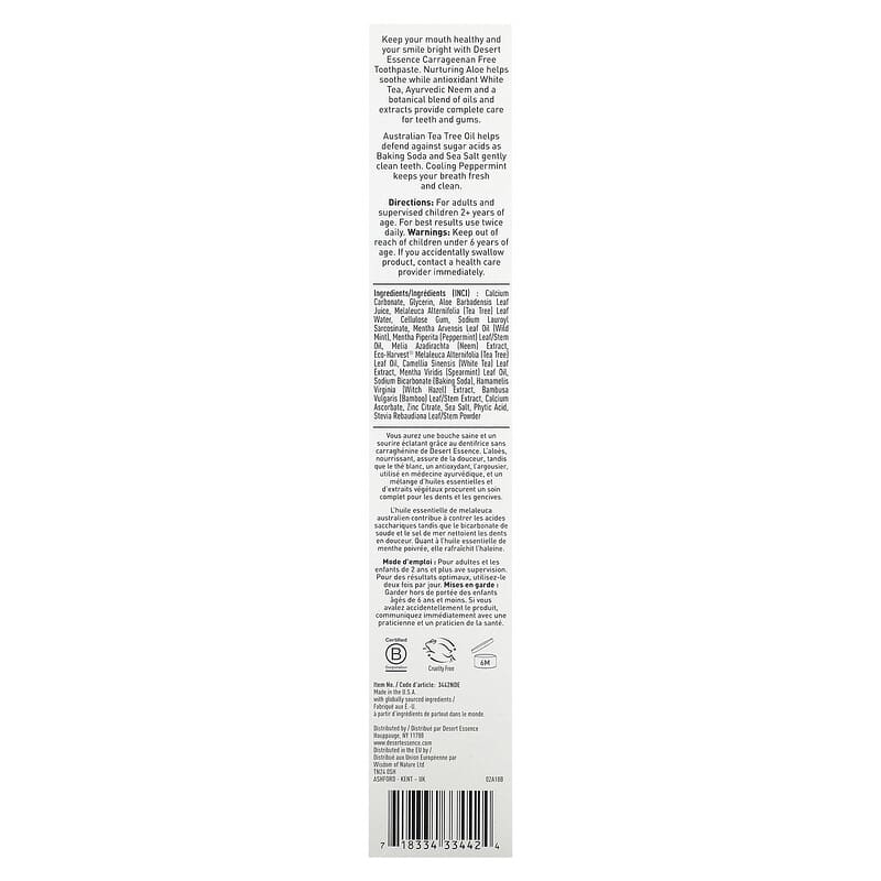 Desert Essence, Aloe &amp; Tea Tree Oil Toothpaste, Peppermint, 6.25 oz (176 g)