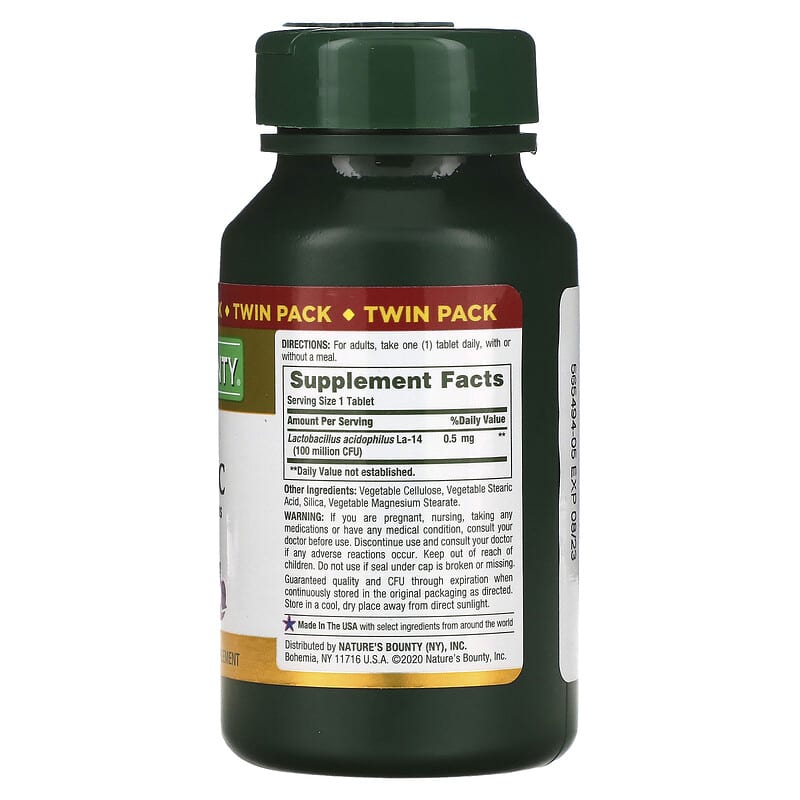 Nature's Bounty, Acidophilus Probiotic, Twin Pack, 100 Tablets Each (0.5 mg per Tablet)