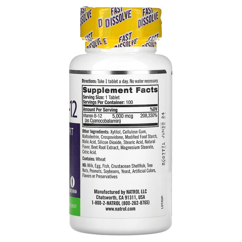 Natrol, Vitamin B-12, Fast Dissolve, Strawberry, 5,000 mcg, 100 Tablets