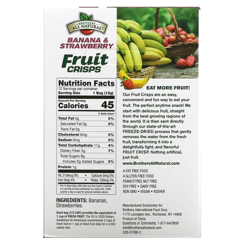 Brothers-All-Natural, Fruit Crisps, Banana &amp; Strawberries, 12 Single-Serve Bags, 0.42 oz (12 g) Each