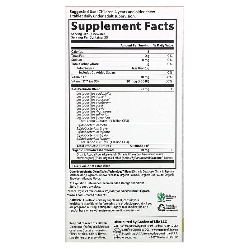 Garden of Life, Dr. Formulated Probiotics, Organic Kids + Chewables, Tasty Organic Strawberry Banana, 30 Yummy Chewables