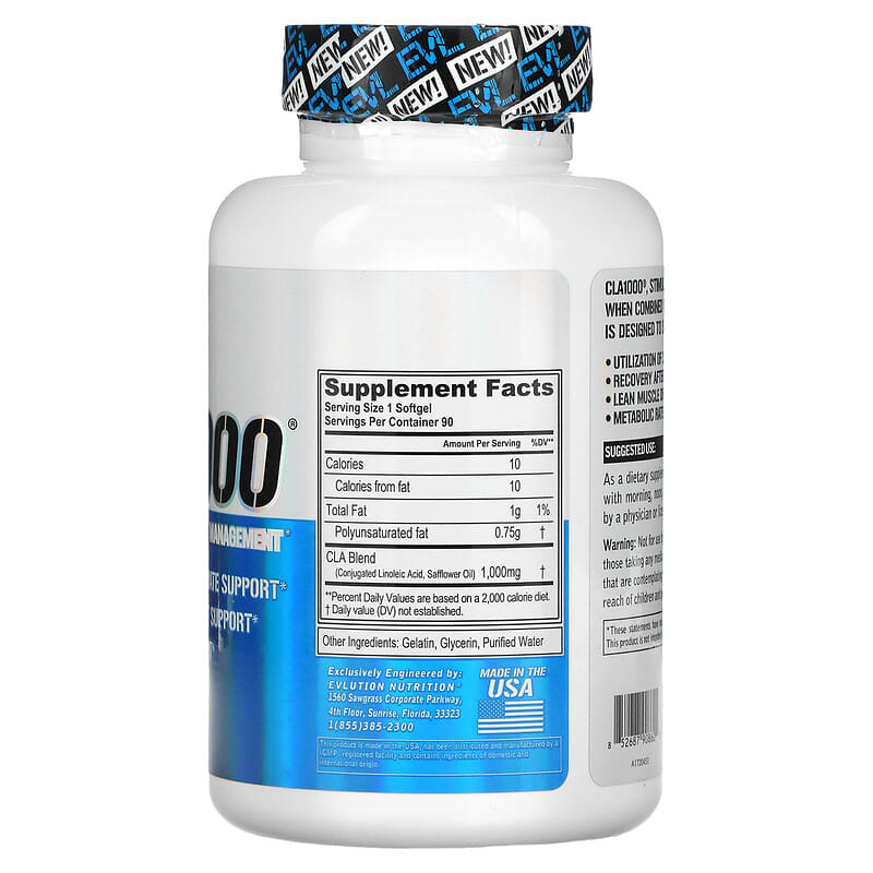 EVLution Nutrition, CLA1000®, Stimulant Free Weight Management, 90 Softgels (1,000 mg per Softgel)