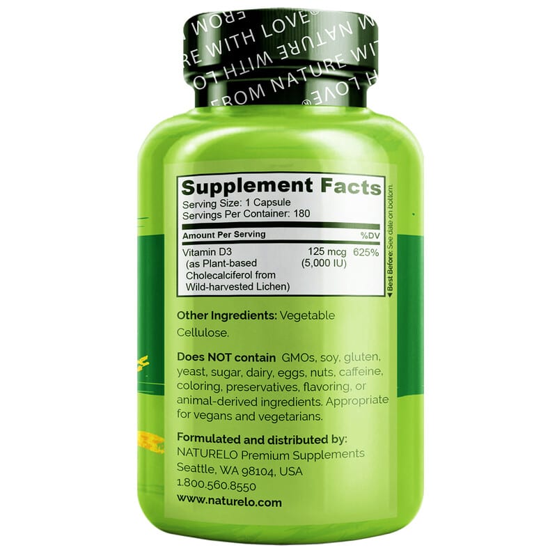 NATURELO, Vitamin D3, 125 mcg (5,000 IU), 180 Easy Swallow Capsules