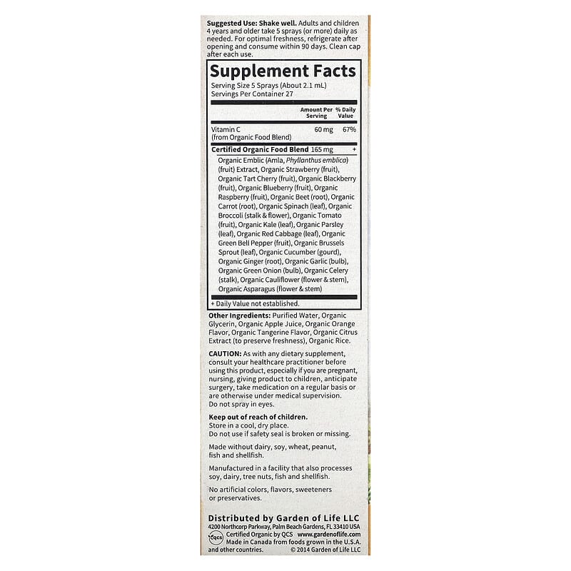 Garden of Life, Organics, Vitamin C Organic Spray, Orange-Tangerine, 2 fl oz (58 ml)