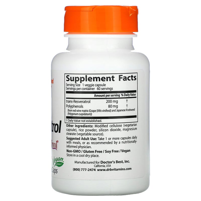 Doctor's Best, Trans-Resveratrol 200 , 200 mg, 60 Veggie Caps
