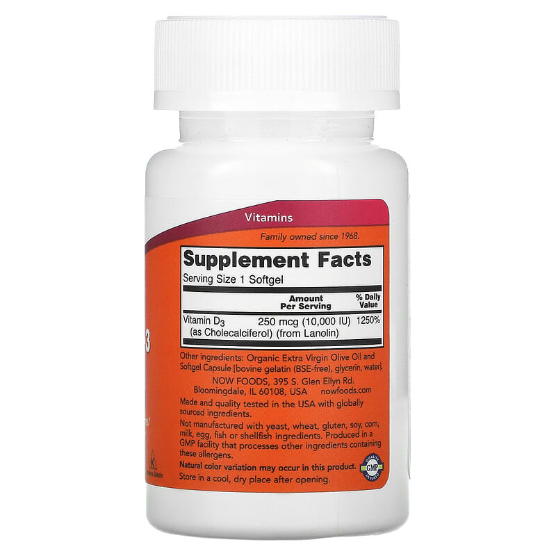 NOW Foods, Vitamin D-3, High Potency , 10,000 IU, 120 Softgels