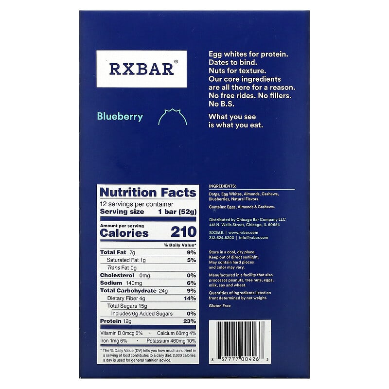 RXBAR, Protein Bar, Blueberry, 12 Bars, 1.8 oz (52 g) Each