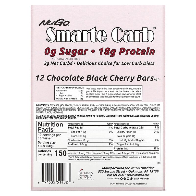 NuGo Nutrition, Smarte Carb® Protein Bar, Chocolate Black Cherry, 12 Bars, 1.76 oz (50 g) Each