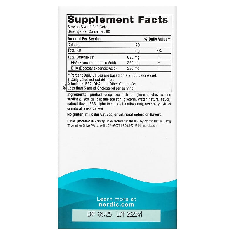 Nordic Naturals, Omega-3, Lemon, 180 Soft Gels (345 mg per Soft Gel)