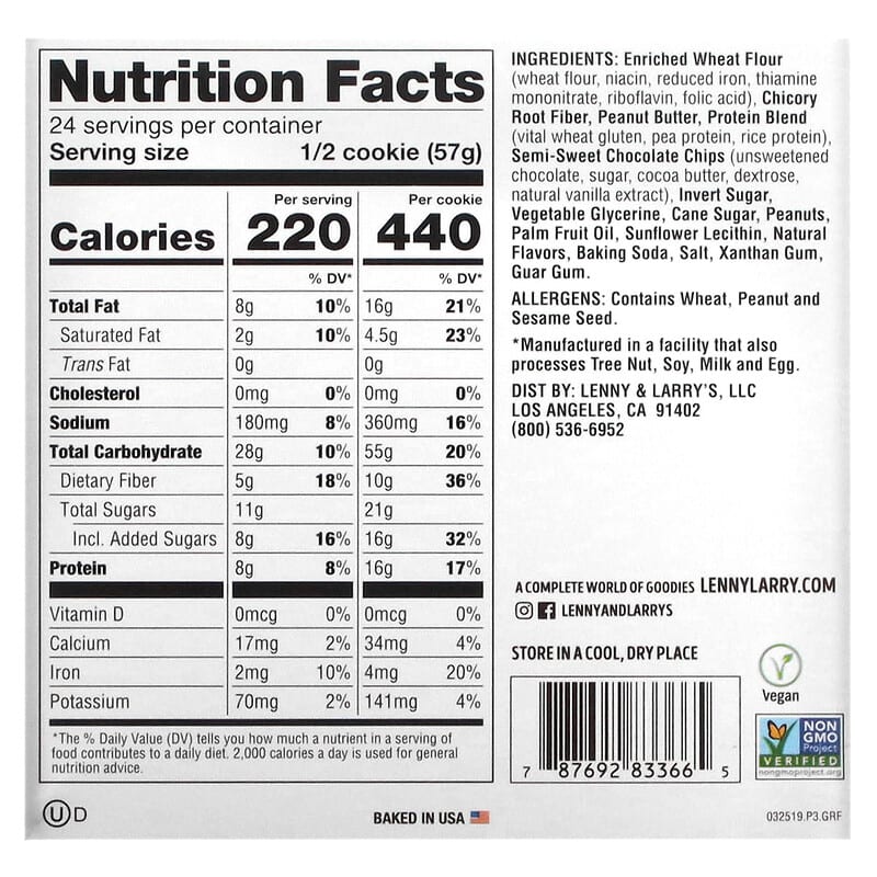 Lenny &amp; Larry's, The Complete Cookie®, Peanut Butter Chocolate Chip, 12 Cookies, 4 oz (113 g) Each