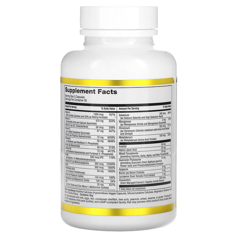 California Gold Nutrition, Multivitamin and Mineral with Methyl B12, Vitamin C, L-MethylFolate and Bio-Quercetin, Two-A-Day, 60 Veggie Capsules