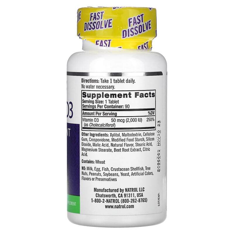 Natrol, Vitamin D3, Strawberry, 2,000 IU, 90 Tablets