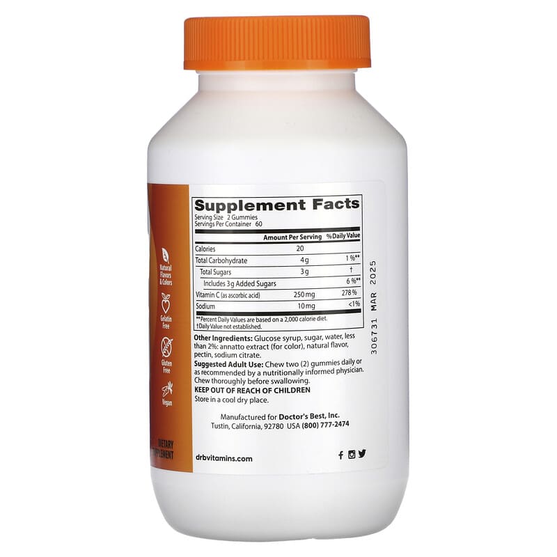 Doctor's Best, Vitamin C Gummies, Orange Bliss, 120 Gummies (125 mg Per gummy)