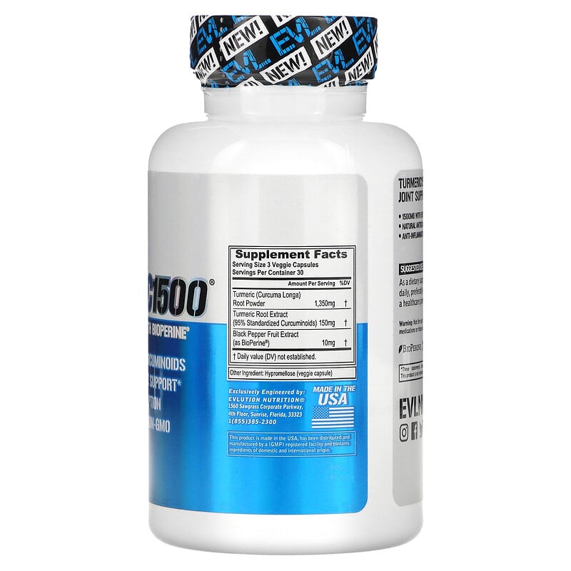 EVLution Nutrition, Turmeric 1500®, Turmeric Curcumin with BioPerine®, 90 Veggie Capsules