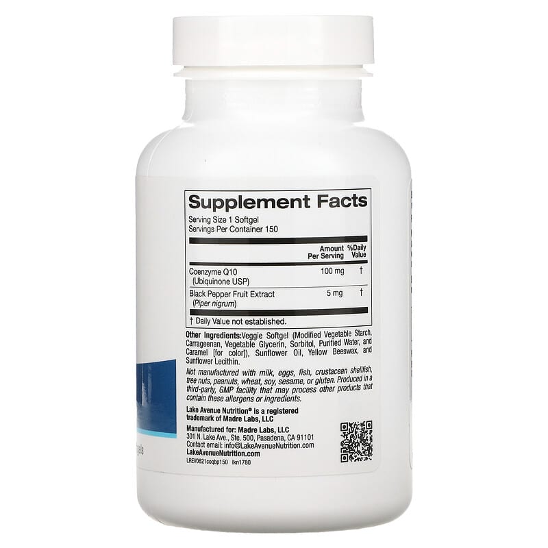 Lake Avenue Nutrition, CoQ10 with Bioperine® Black Pepper Extract, 150 Veggie Softgels