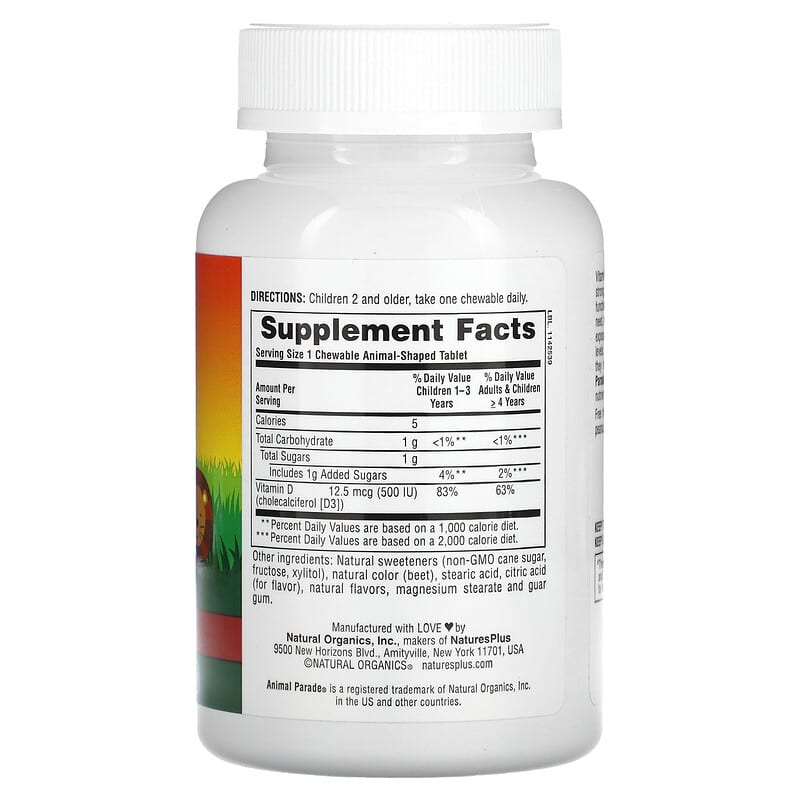 NaturesPlus, Animal Parade, Vitamin D3, Black Cherry, 12.5 mcg (500 IU), 90 Animal-Shaped Tablets