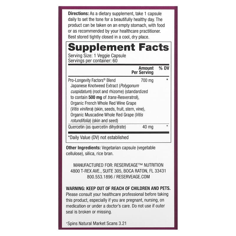 Reserveage Beauty, Resveratrol, 60 Veggie Capsules
