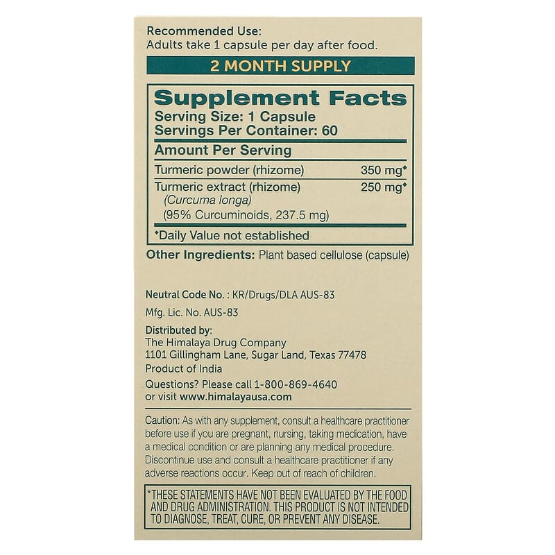 Himalaya, Turmeric 95® with Curcumin, 60 Vegetarian Capsules
