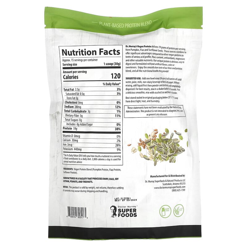 Dr. Murray's, Super Foods, 3 Seed Protein Powder, Pumpkin + Flax + Sunflower, Unflavored, 16 oz (453.5 g)