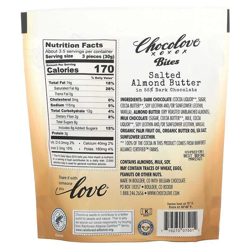 Chocolove, Bites, Dark Chocolate Salted Almond Butter, 55% Cocoa Content, 3.5 oz (100 g)