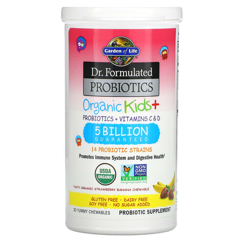 Garden of Life, Dr. Formulated Probiotics, Organic Kids + Chewables, Tasty Organic Strawberry Banana, 30 Yummy Chewables