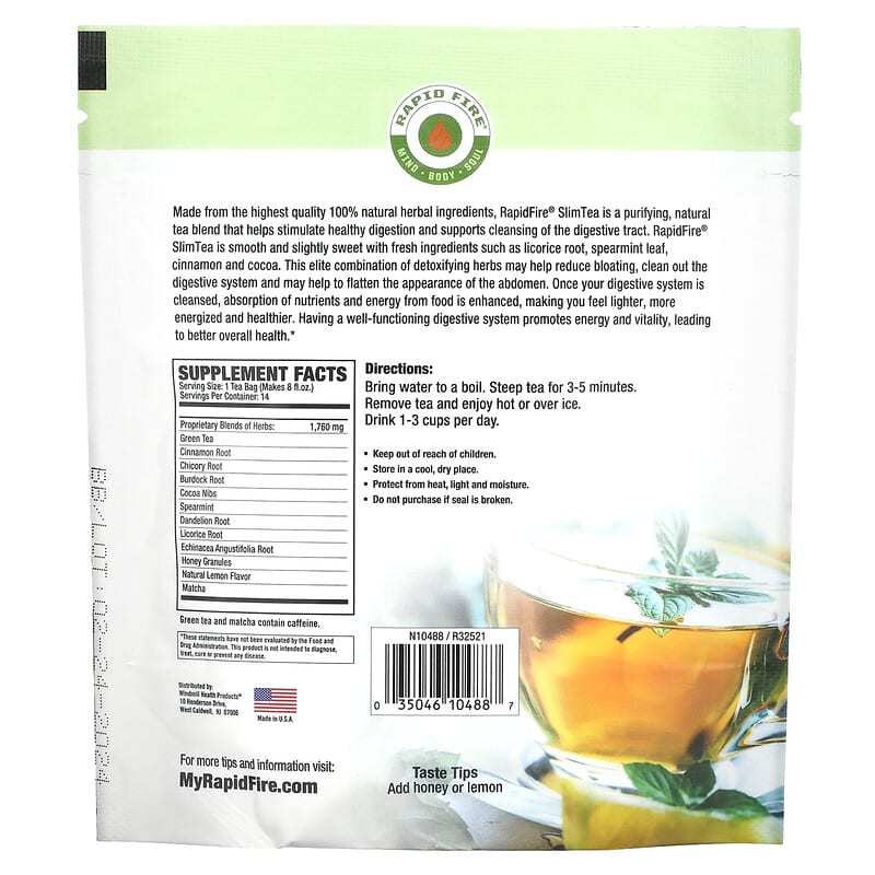 RAPIDFIRE, Slim Tea, Lemon, 14 Pyramid Tea Sachets, 0.87 oz (24.64 g)
