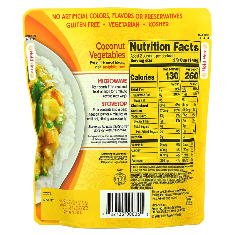 Tasty Bite, Indian Coconut Vegetables, Hot &amp; Spicy, 10 oz (285 g)