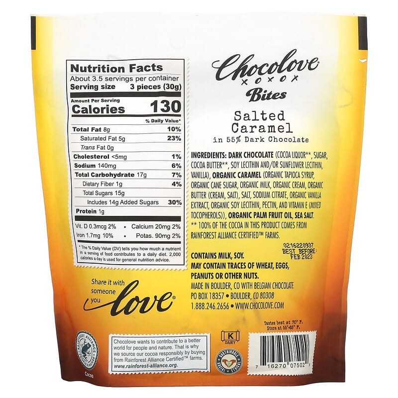 Chocolove, Filled, Dark Chocolate, Salted Caramel, 55% Cocoa, 3.5 oz (100 g)