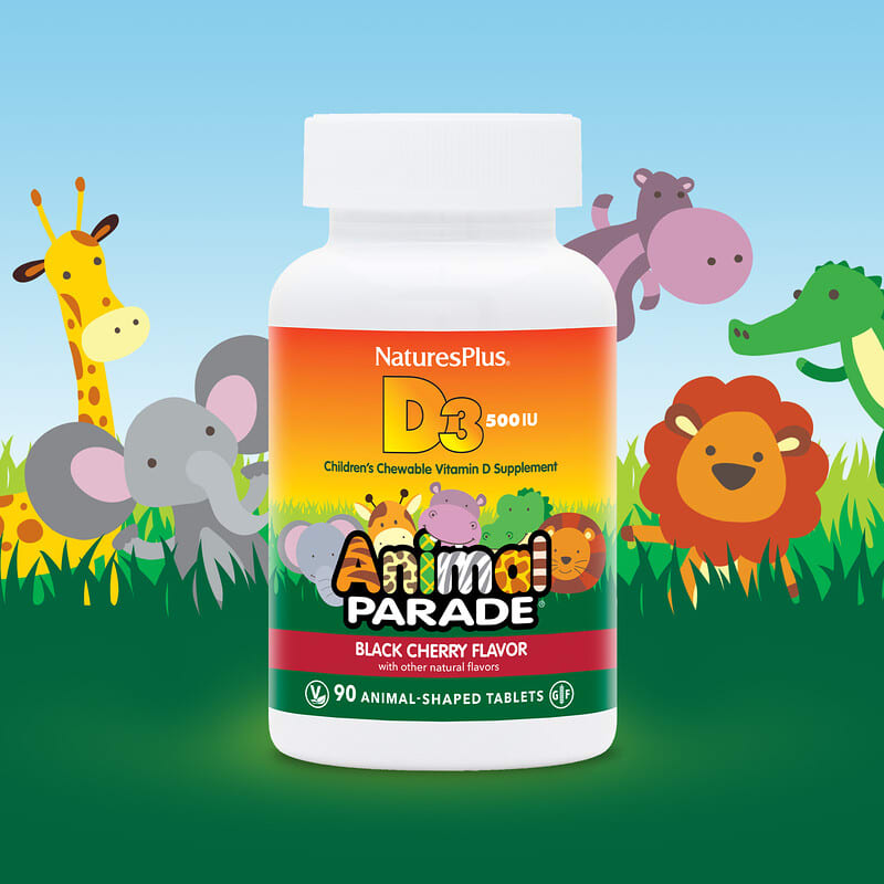 NaturesPlus, Animal Parade, Vitamin D3, Black Cherry, 12.5 mcg (500 IU), 90 Animal-Shaped Tablets