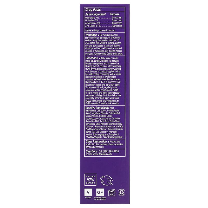 Andalou Naturals, Age Defying Facial Serum, SPF 30, Unscented, 2 fl oz (58 ml)
