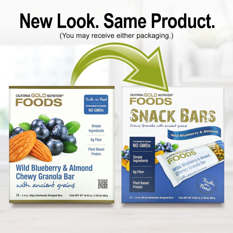 California Gold Nutrition, Foods, Wild Blueberry &amp; Almond Chewy Granola Bars, 12 Bars, 1.4 oz (40 g) Each