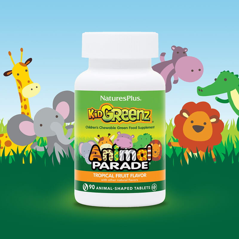 NaturesPlus, Animal Parade®, Kid Greenz®, Children's Chewable Green Food Dietary Supplement, Tropical Fruit, 90 Animal-Shaped Tablets