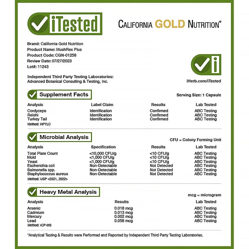 California Gold Nutrition, Fungiology, MushRex Plus, Full-Spectrum Ten Mushroom Complex with Agaricus, Chaga, Cordyceps, and Lion's Mane, 120 Plantcaps