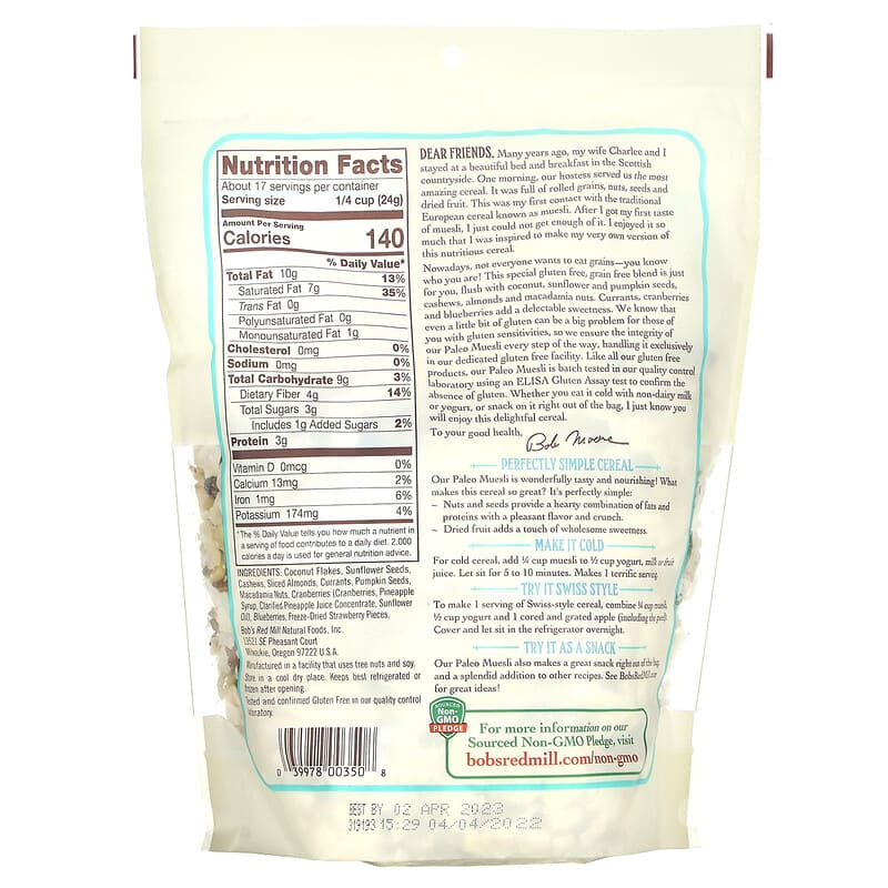 Bob's Red Mill, Muesli, Cold Cereal, Paleo Style, 14 oz (397 g)