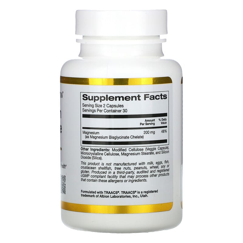 California Gold Nutrition, Magnesium Bisglycinate, Formulated with TRAACS®, 60 Veggie Capsules (100 mg per Capsule)