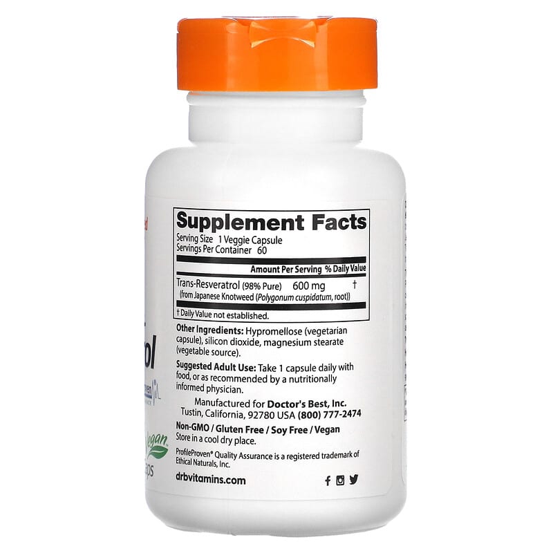 Doctor's Best, Trans-Resveratrol 600, 600 mg, 60 Veggie Caps