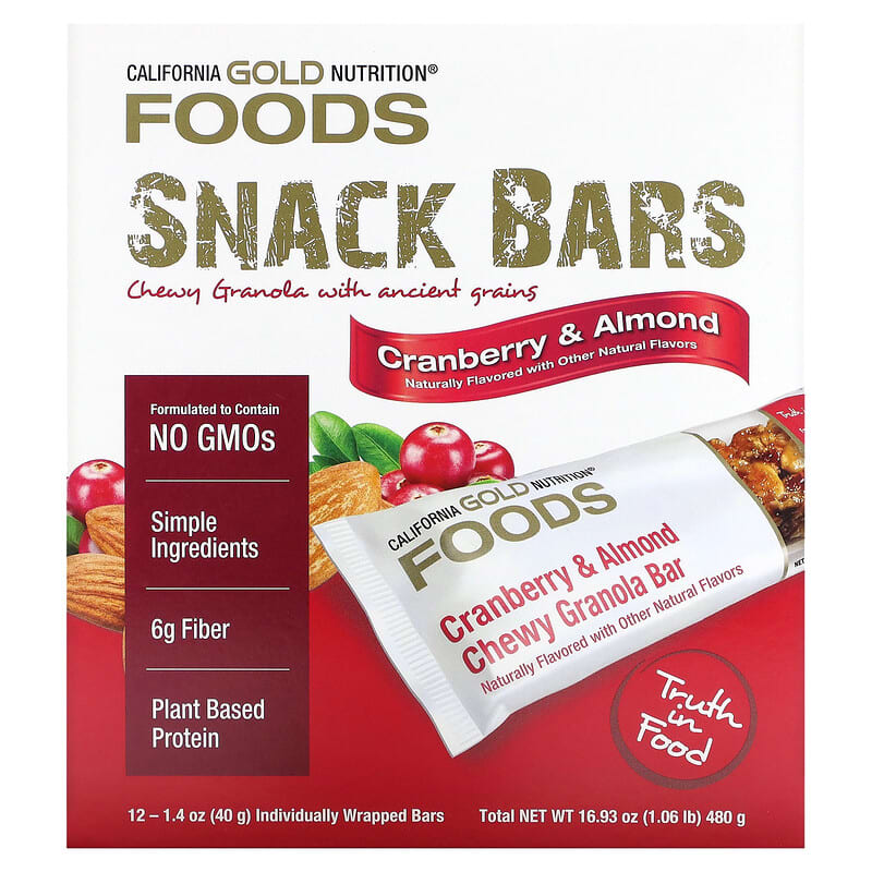 California Gold Nutrition, Foods, Cranberry &amp; Almond Chewy Granola Bars, 12 Bars, 1.4 oz (40 g) Each