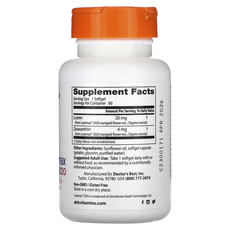 Doctor's Best, Lutein, Lutemax 2020, 60 Softgels