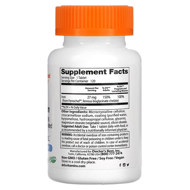 Doctor's Best, High Absorption Iron, 27 mg, 120 Tablets