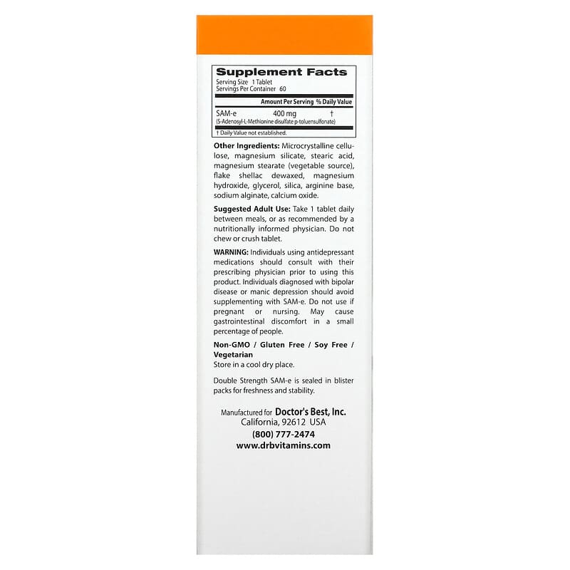 Doctor's Best, SAM-e, 400 mg, 60 Enteric Coated Tablets
