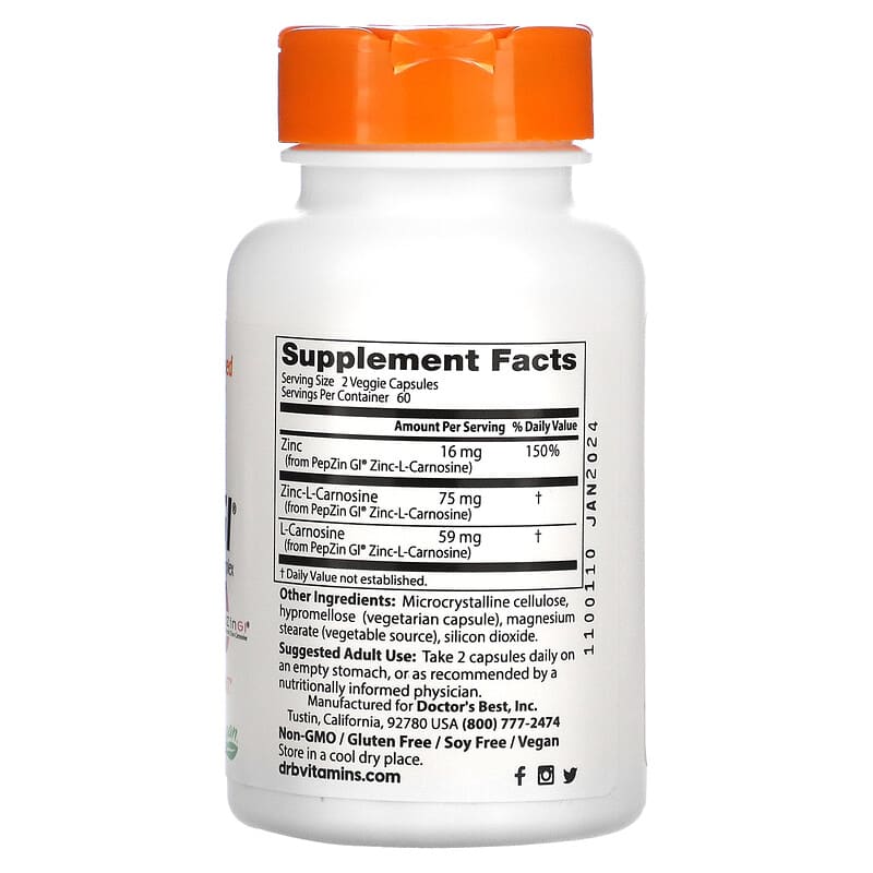 Doctor's Best, PepZin GI®, Zinc-L-Carnosine Complex, 120 Veggie Caps